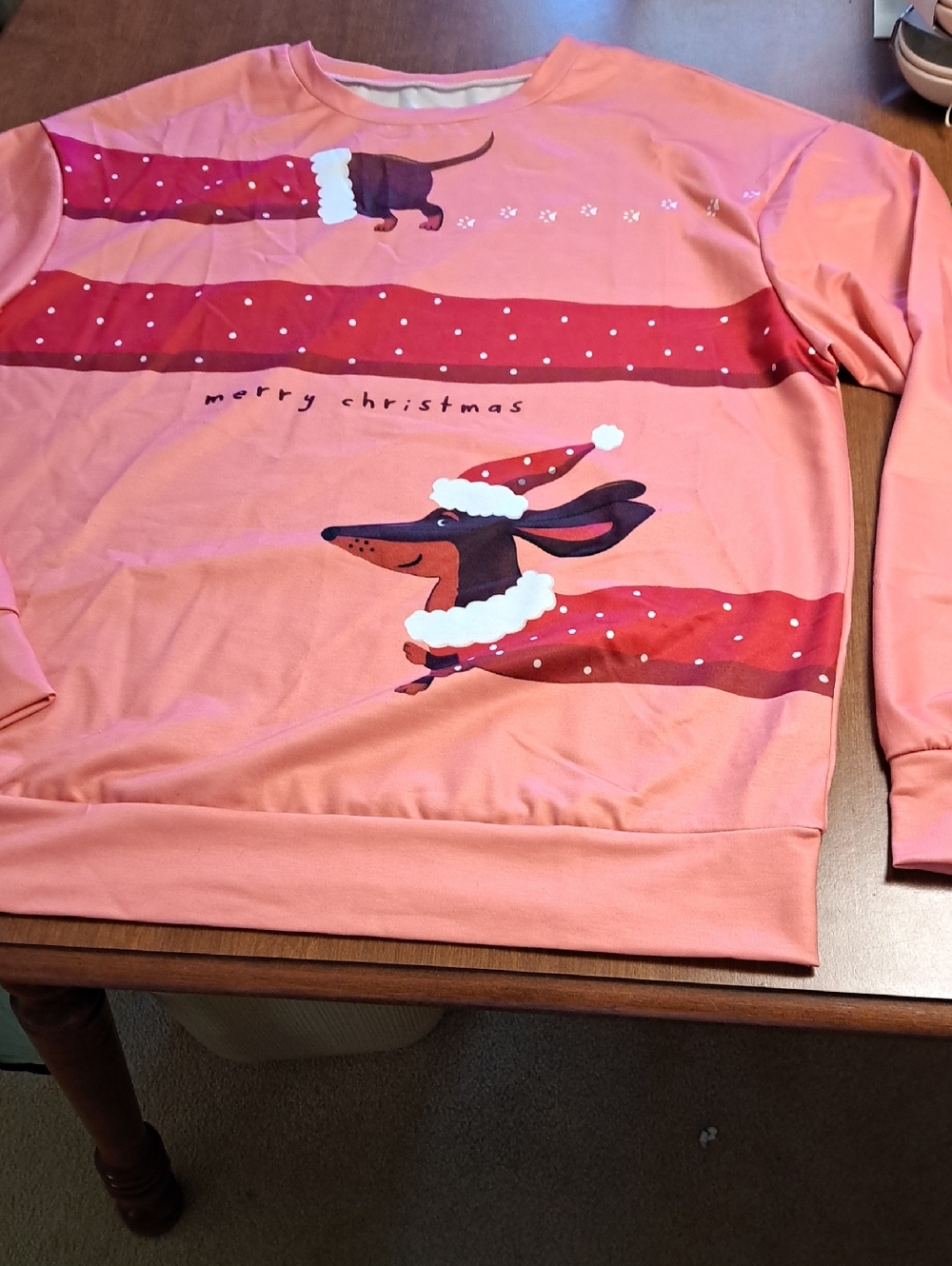 Holiday Dachshund Graphic Sweatshirt - Coral Pink L Ptp 23" - Picture 1 of 6